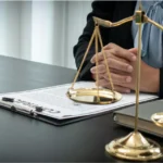 Juez sentado con balanza, documentos legales y mazo. Living Trust